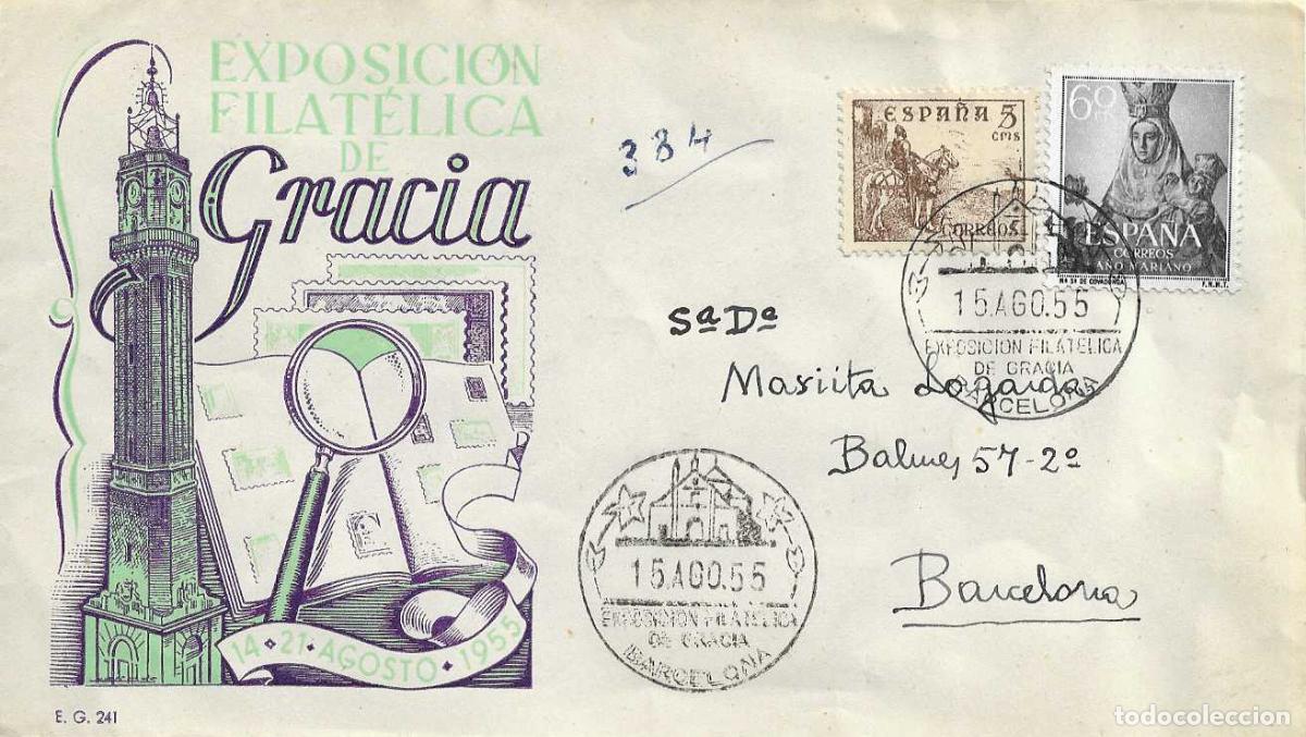 Sellos: GRACIA VI EXPOSICION FILATELICA, BARCELONA 15 AGOSTO 1955. MATASELLOS EN SOBRE CIRCULADO EG RARO ASI