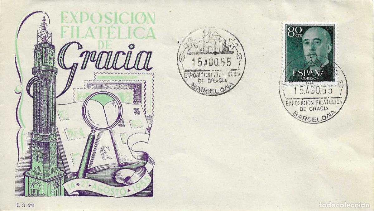 Sellos: GRACIA VI EXPOSICION FILATELICA, BARCELONA 15 AGOSTO 1955. MATASELLOS SOBRE SIN CIRCULAR EG RARO ASI