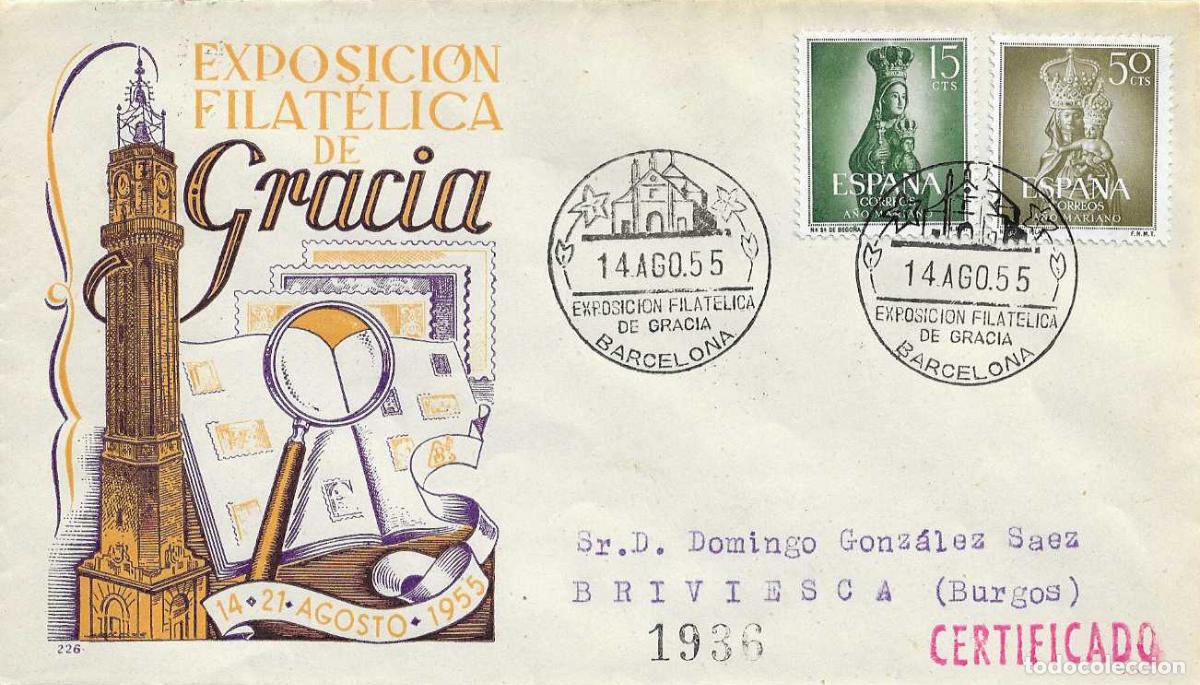 Sellos: GRACIA VI EXPOSICION FILATEL, BARCELONA 14 AGOSTO 1955 MATASELLOS SOBRE DP CIRCULADO A BRIVIESCA RWR