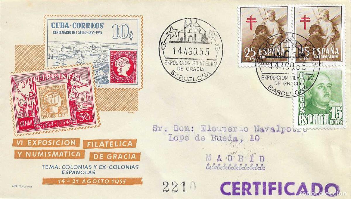 Sellos: PRO TUBERCULOSOS 1953 (EDIFIL 1123 DOS SELLOS) EN SOBRE ALFIL MATASELLOS GRACIA BARCELONA 1955 RWR