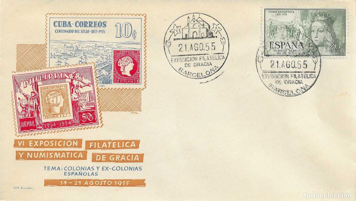 Sellos: GRACIA VI EXPOSICION FILATELICA, BARCELONA 21 AGOSTO 1955. MATASELLOS SOBRE SIN CIRCULAR ALFIL RARO