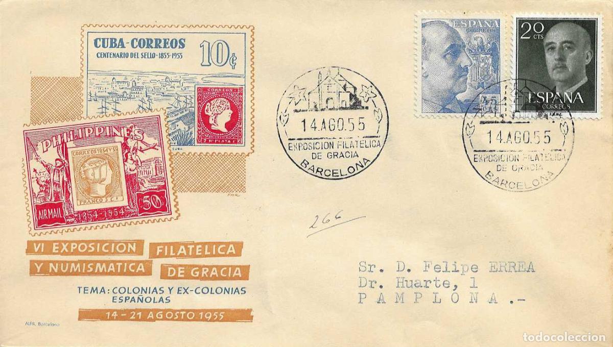 Sellos: GRACIA VI EXPOSICION FILATELICA, BARCELONA 14 AGOSTO 1955 MATASELLOS EN SOBRE CIRCULADO DE ALFIL RWR