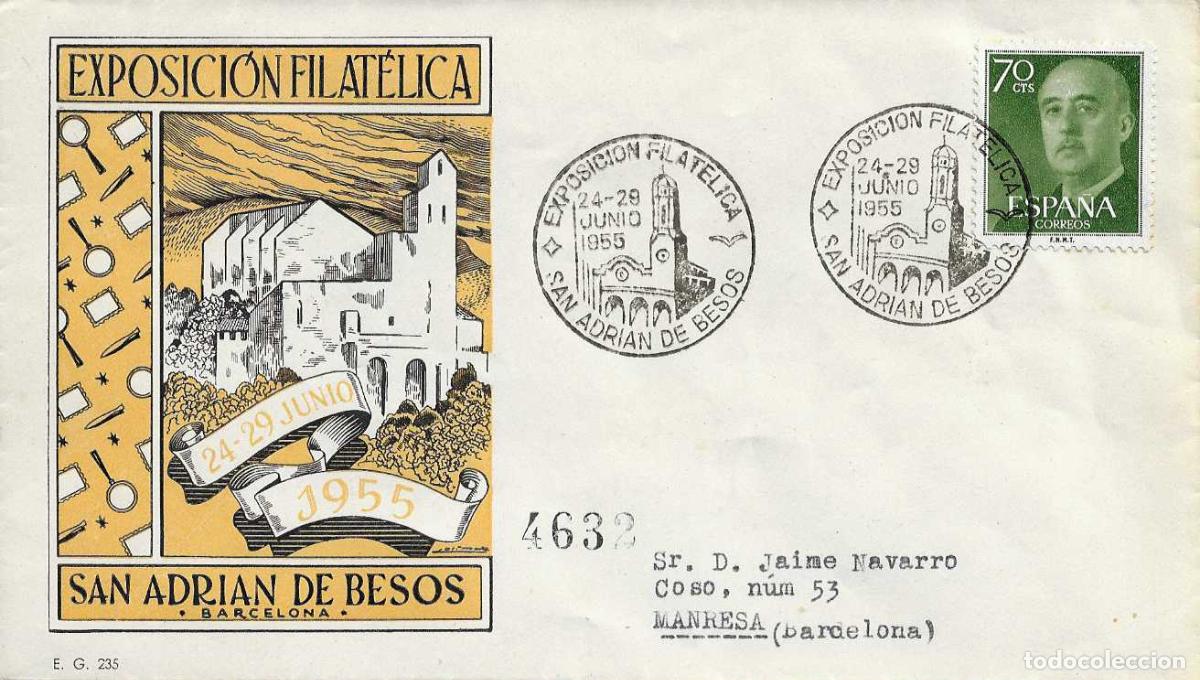 Sellos: PARROQUIA SAN JUAN BAUTISTA XX ANIV, SAN ADRIAN DE BESOS 1955. MATASELLOS EN SOBRE EG CIRCULADO RARO