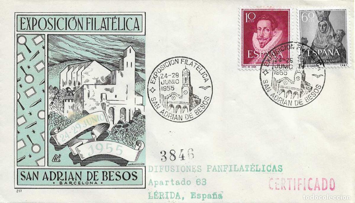 Sellos: PARROQUIA SAN JUAN BAUTISTA XX ANIV, SAN ADRIAN DE BESOS 1955. MATASELLOS EN SOBRE CIRCULADO DP RWR