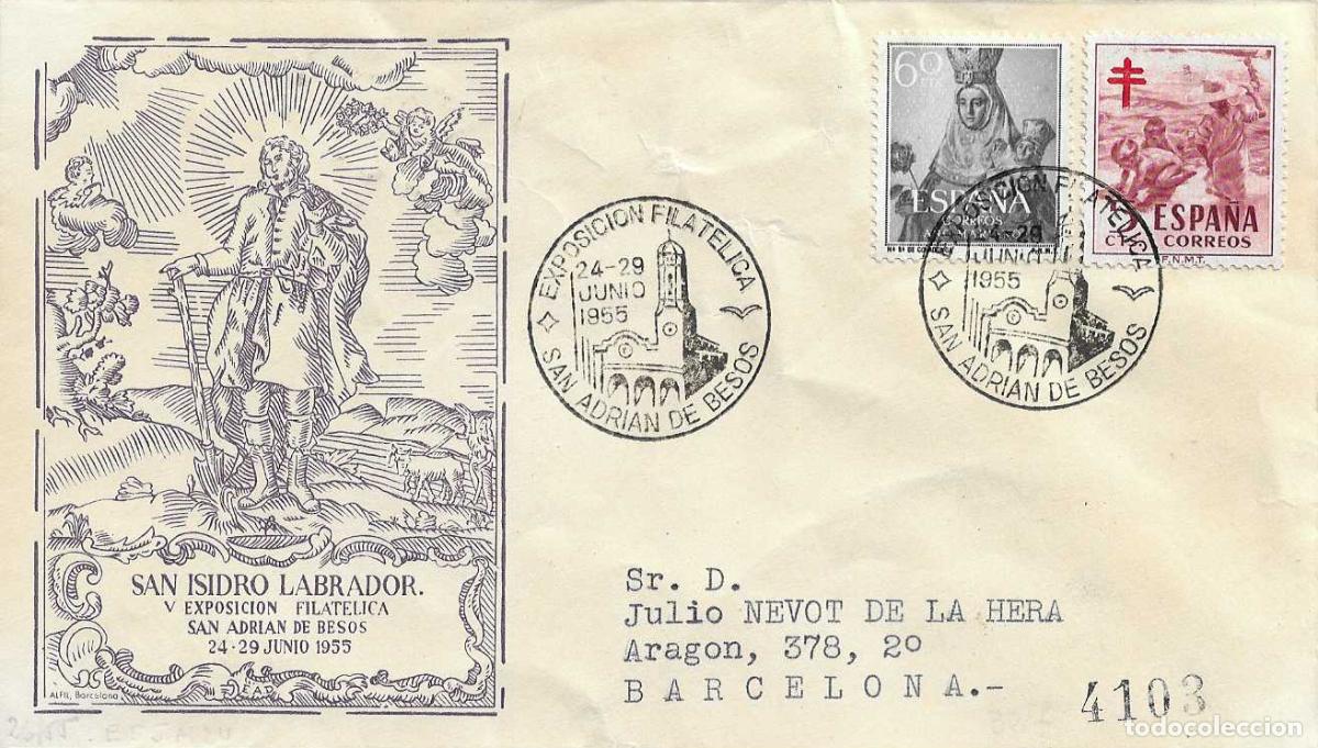 Sellos: PARROQUIA SAN JUAN BAUTISTA XX ANIV SAN ADRIAN DE BESOS 1955 MATASELLO SOBRE SAN ISIDRO LABRADOR RWR