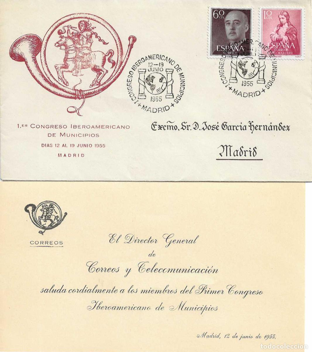 Sellos: MUNICIPIOS I CONGRESO IBEROAMERICANO MADRID 1955. MATASELLOS SOBRE SERVICIO FILATELICO+TARJETA RARO