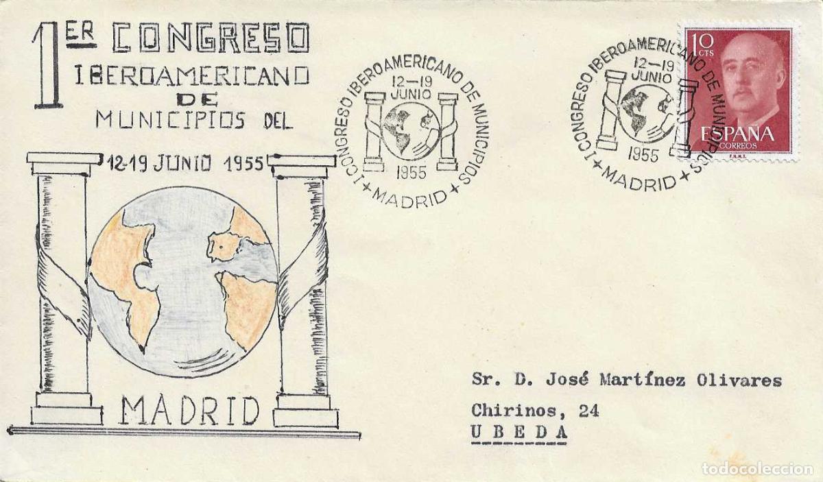 Sellos: MUY RARO ILUSTRACION MANUAL EN SOBRE CON MATASELLOS MUNICIPIOS I CONGRESO IBEROAMERICANO MADRID 1955