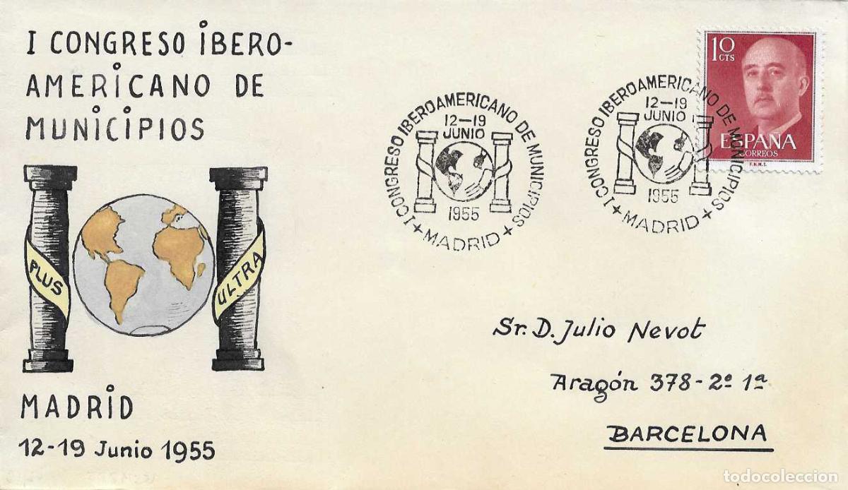 Sellos: MUY RARO ILUSTRACION MANUAL EN SOBRE CON MATASELLOS MUNICIPIOS I CONGRESO IBEROAMERICANO MADRID 1955