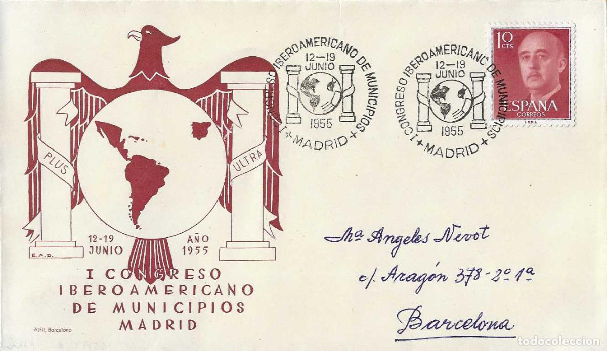 Sellos: MUNICIPIOS I CONGRESO IBEROAMERICANO, MADRID 1955. MATASELLOS EN SOBRE DIRIGIDO ALFIL RARO ASI RWR