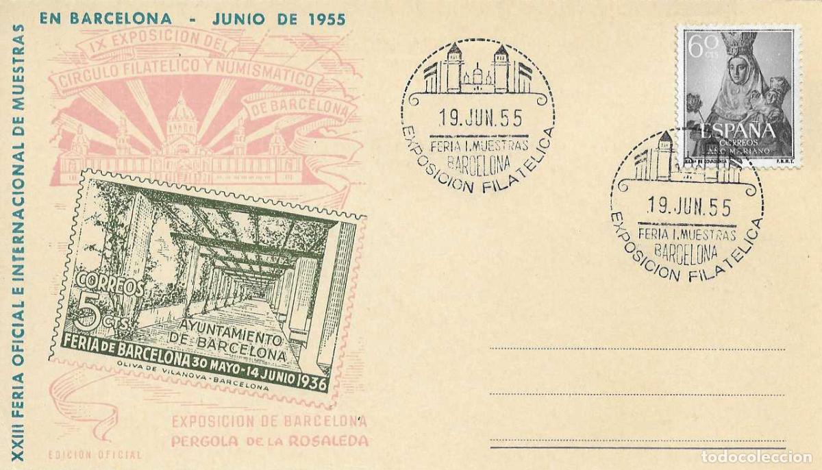 Sellos: PERGOLA ROSALEDA EXPOSICION FERIA MUESTRAS, BARCELONA 19 JUNIO 1955. MATASELLOS TARJETA EO SERIE F