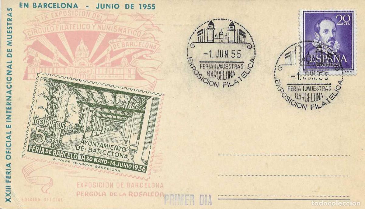 Sellos: PERGOLA ROSALEDA EXPOSICION FERIA MUESTRAS, BARCELONA 1 JUNIO 1955. MATASELLOS TARJETA EO SERIE F