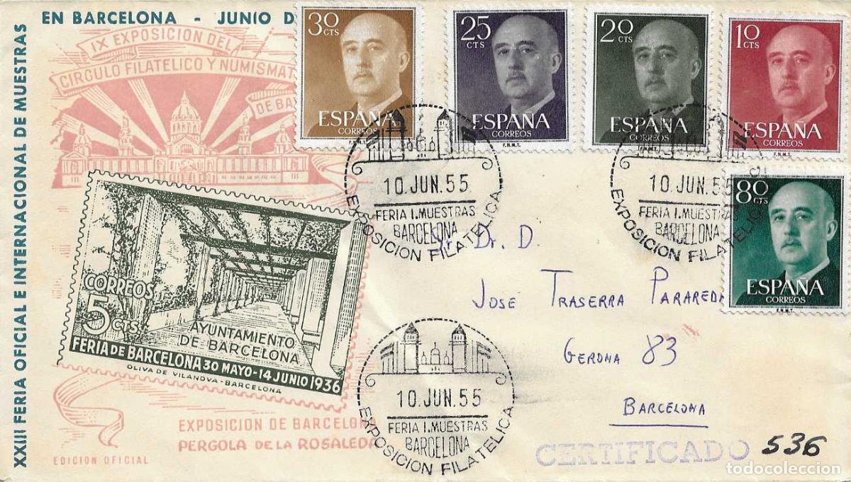 Sellos: PERGOLA ROSALEDA EXPOSICION FERIA MUESTRAS, BARCELONA 10 JUNIO 1955. MATASELLOS SOBRE CIRCULADO EO C