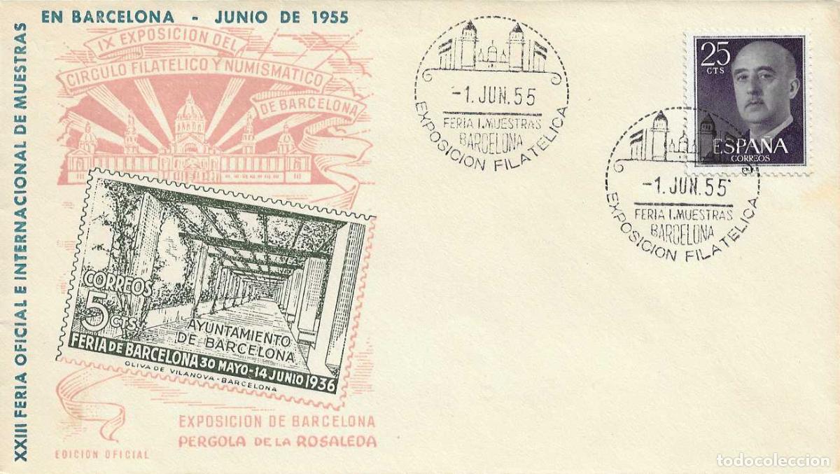 Sellos: PERGOLA ROSALEDA EXPOSICION FERIA MUESTRAS, BARCELONA 1 JUNIO 1955. MATASELLOS SOBRE EO SERIE C RWR