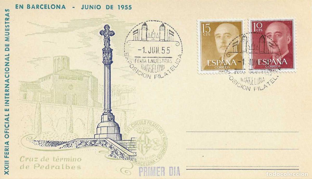 Sellos: CRUZ DE PEDRALBES EXPOSICION FERIA MUESTRAS BARCELONA 1 JUNIO 1955 MATASELLOS TARJETA EO SERIE E RWR