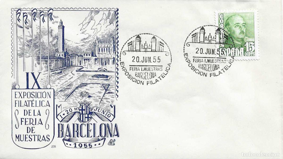 Sellos: EXPOSICION FILATELICA FERIA DE MUESTRAS, BARCELONA 20 JUNIO 1955 MATASELLOS EN SOBRE SIN CIRCULAR DP
