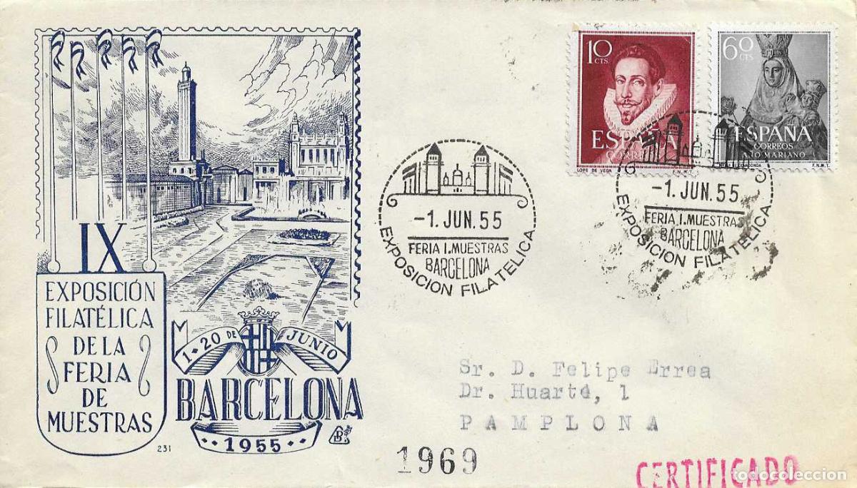Sellos: EXPOSICION FILATELICA FERIA DE MUESTRAS, BARCELONA 1 JUNIO 1955. MATASELLOS SOBRE CIRCULADO DP RWR