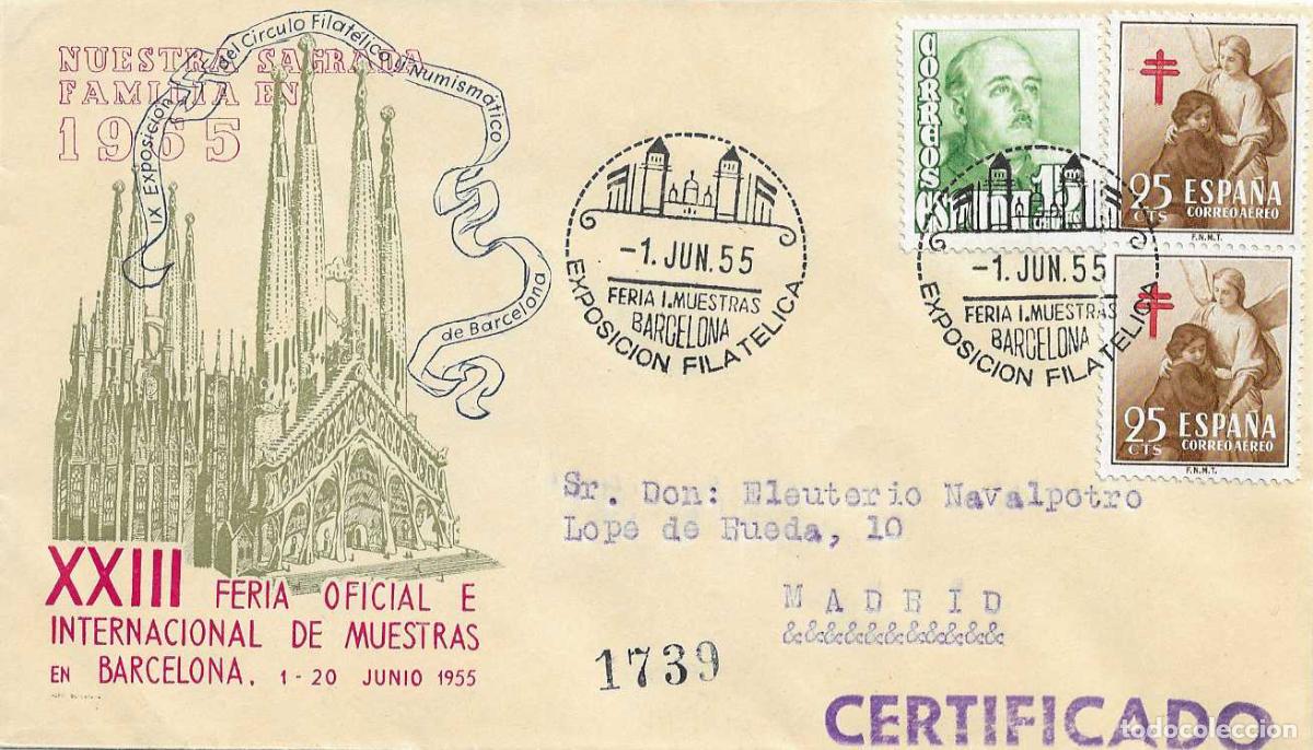 Sellos: PRO TUBERCULOSOS 1953 (EDIFIL 1123 DOS SELLOS) EN SOBRE EXPOSICION FERIA MUESTRAS BARCELONA 1955 RWR