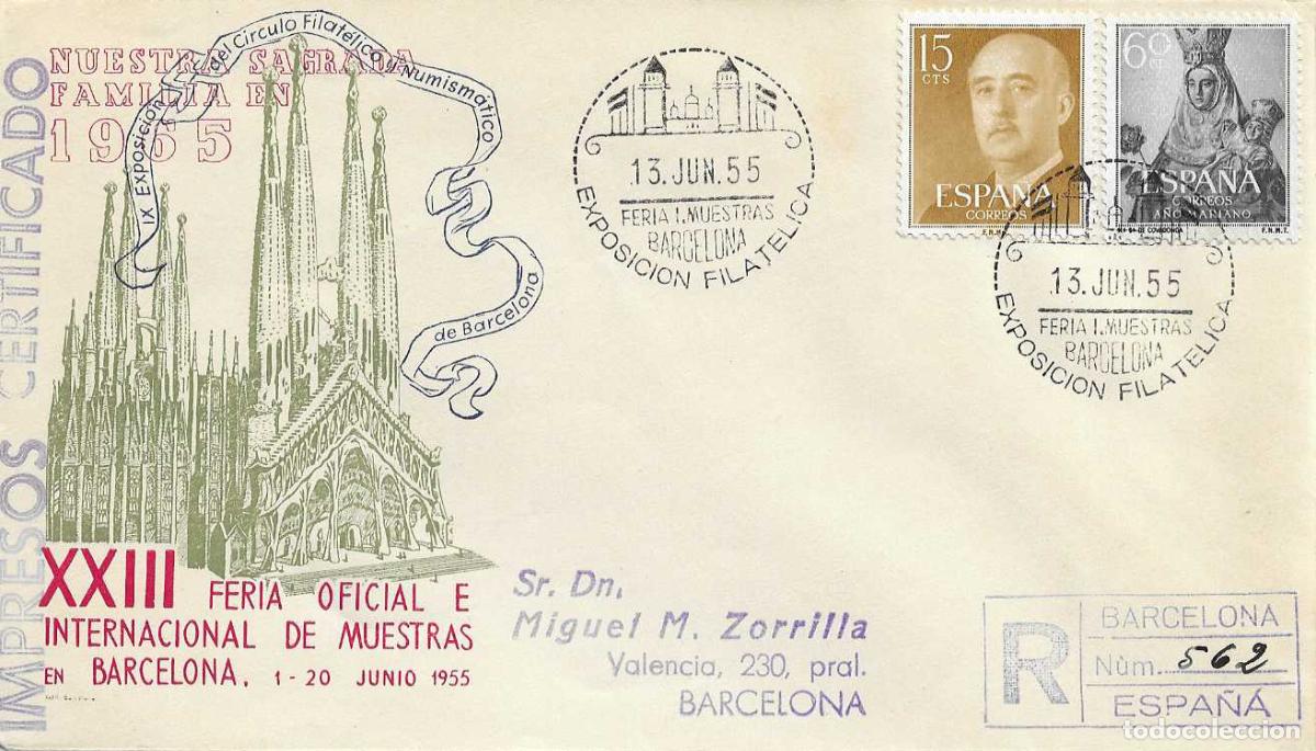 Sellos: EXPOSICION FERIA MUESTRAS, BARCELONA 13 JUNIO 1955. MATASELLOS SOBRE CIRCULADO ALFIL SAGRADA FAMILIA