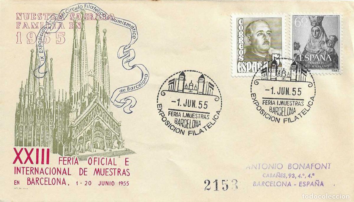 Sellos: EXPOSICION FERIA MUESTRAS BARCELONA 1 JUNIO 1955 MATASELLO SOBRE CIRCULADO ALFIL SAGRADA FAMILIA RWR