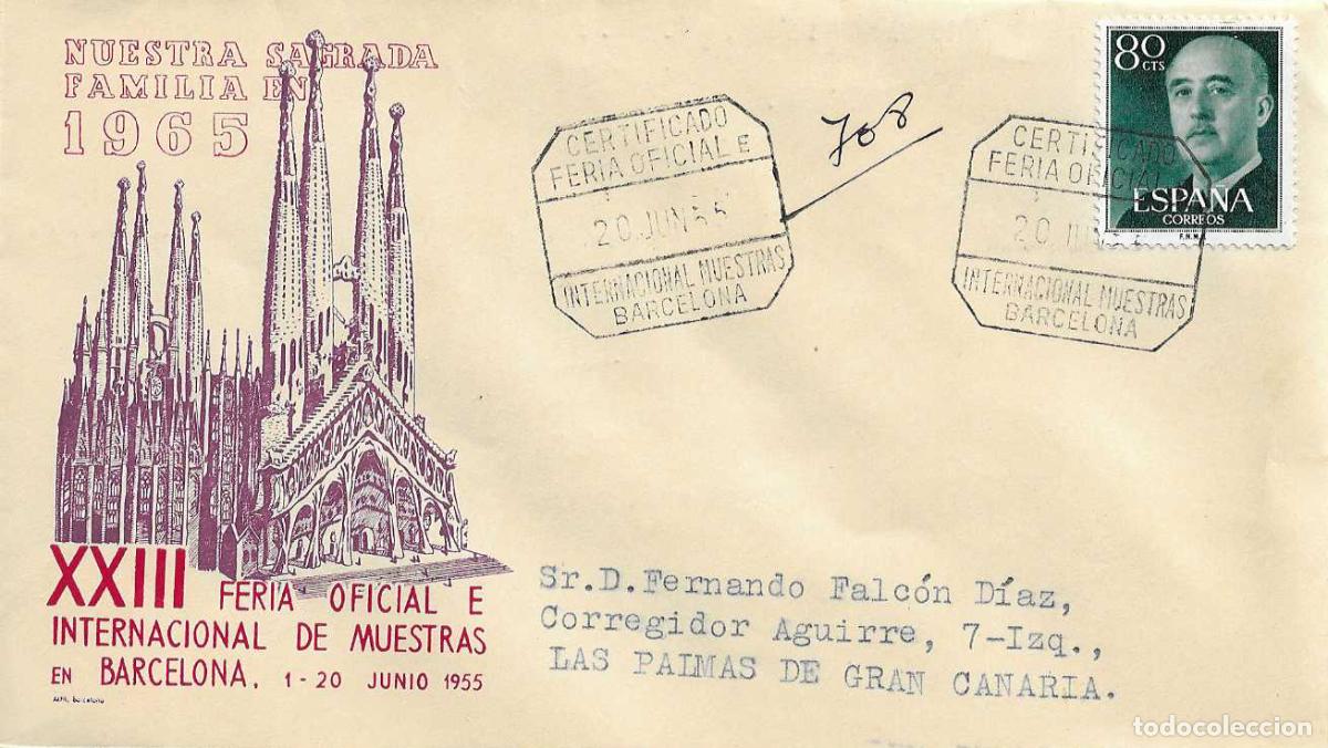 Sellos: XXIII FERIA MUESTRAS (CERTIFICADO), BARCELONA 20 JUNIO 1955. MATASELLOS SOBRE ALFIL SAGRADA FAMILIA