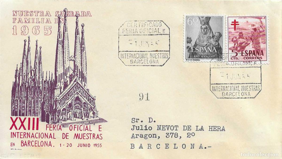 Sellos: XXIII FERIA MUESTRAS (CERTIFICADO) BARCELONA 1 JUNIO 1955 MATASELLOS SOBRE ALFIL SAGRADA FAMILIA RWR