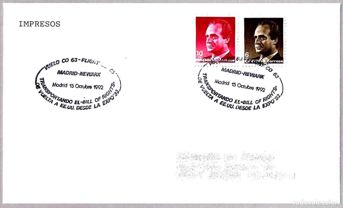 Sellos: Matasellos EXPO'92 - VUELO DE VUELTA A EE.UU. BILL OF RIGHTS. Madrid 1992