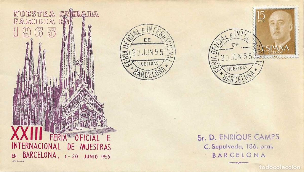 Sellos: XXIII FERIA MUESTRAS (ORDINARIO) BARCELONA 20 JUNIO 1955. MATASELLOS SOBRE DE ALFIL SAGRADA FAMILIA