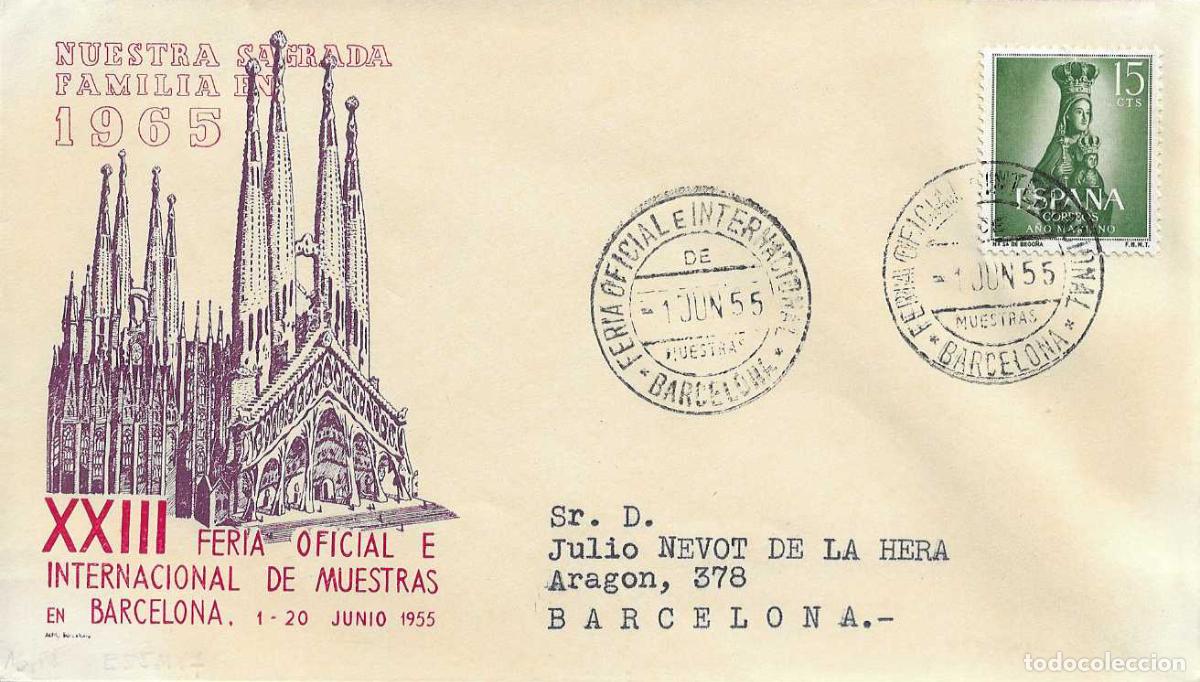 Sellos: XXIII FERIA MUESTRAS (ORDINARIO) BARCELONA 1 JUNIO 1955. MATASELLOS SOBRE DIRIGIDO SAGRADA FAMILIA