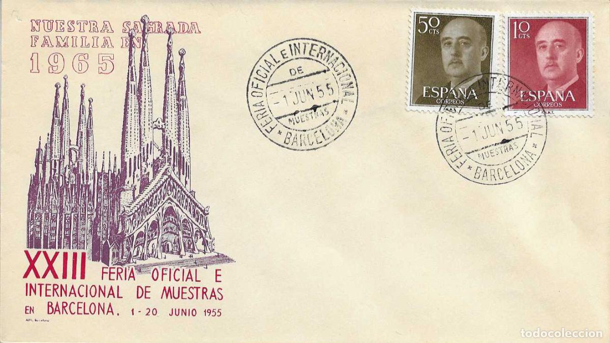 Sellos: FERIA MUESTRAS (ORDINARIO), BARCELONA 1 JUNIO 1955 MATASELLOS SOBRE SIN CIRCULAR SAGRADA FAMILIA RWR