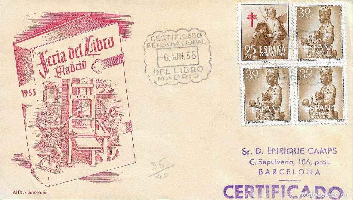 Sellos: PRO TUBERCULOSOS 1953 (EDIFIL 1123) EN SOBRE ALFIL MATASELLO FERIA LIBRO MADRID CERTIFICADO 1955 RWR