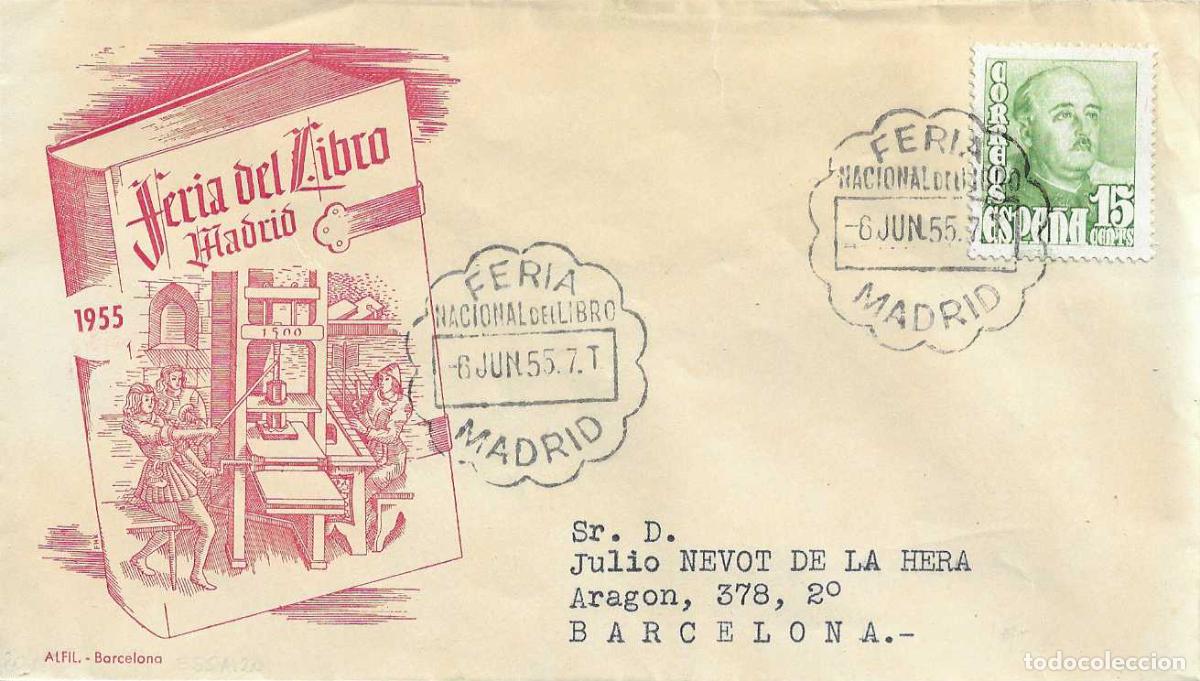 Sellos: FERIA NACIONAL LIBRO (ORDINARIO), MADRID 6 JUNIO 1955. MATASELLOS SOBRE CIRCULADO ALFIL IMPRENTA RWR