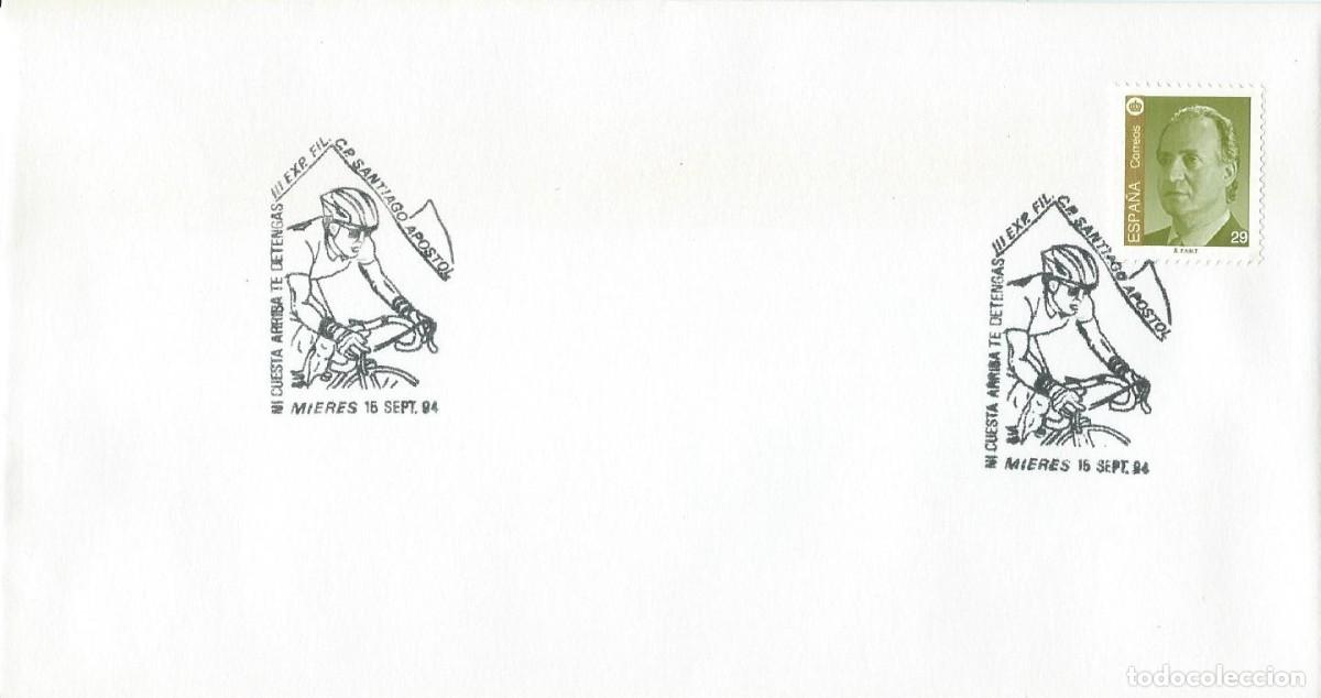 Sellos: 1994. MIERES. ASTURIAS. MATASELLOS/POSTMARK. NI CUESTA ARRIBA TE DETENGAS. CICLISMO. DEPORTES/SPORTS
