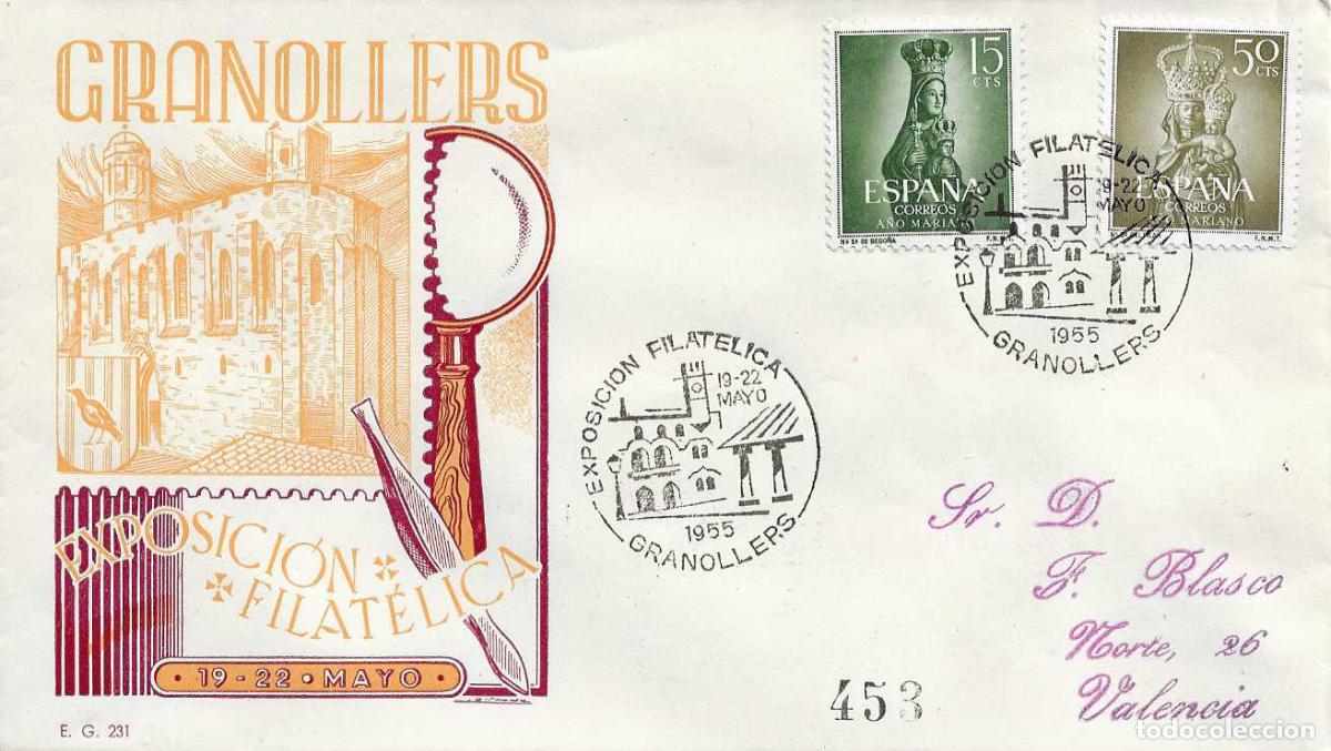 Sellos: II EXPOSICION FILATELICA, GRANOLLERS (BARCELONA) 1955. MATASELLOS EN SOBRE CIRCULADO DE EG MUY RARO