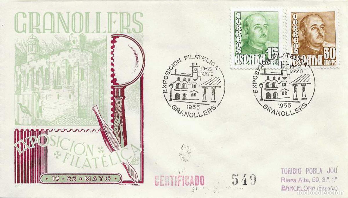 Sellos: II EXPOSICION FILATELICA, GRANOLLERS (BARCELONA) 1955. MATASELLOS EN SOBRE CIRCULADO DE DP RARO RWR