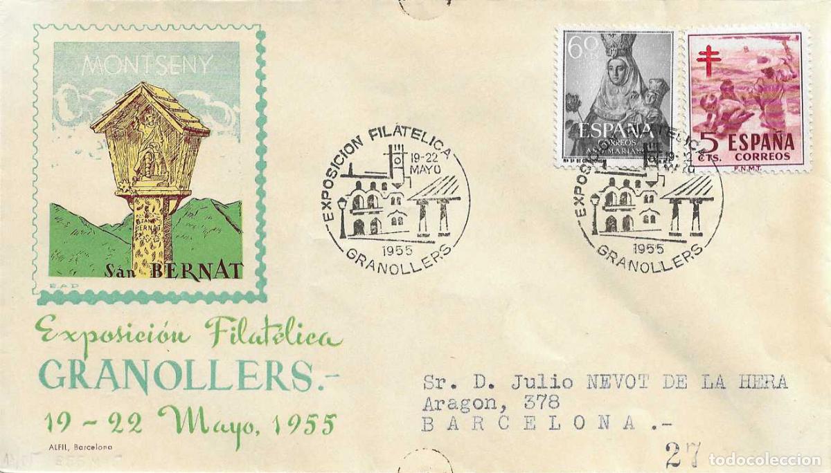 Sellos: MONTSENY SAN BERNAT II EXPOSICION, GRANOLLERS (BARCELONA) 1955. MATASELLOS SOBRE CIRCULADO ALFIL RWR