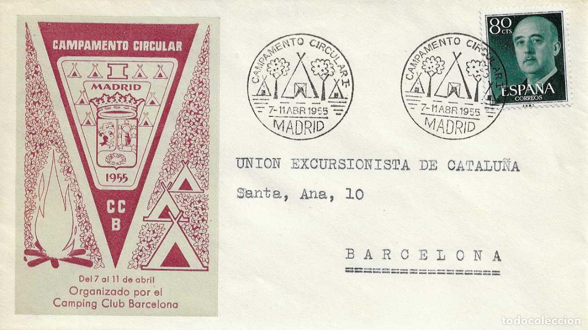 Sellos: CAMPING I CAMPAMENTO CIRCULAR, MADRID 1955. MATASELLOS EN SOBRE CAMPING CLUB BARCELONA RARO ASI