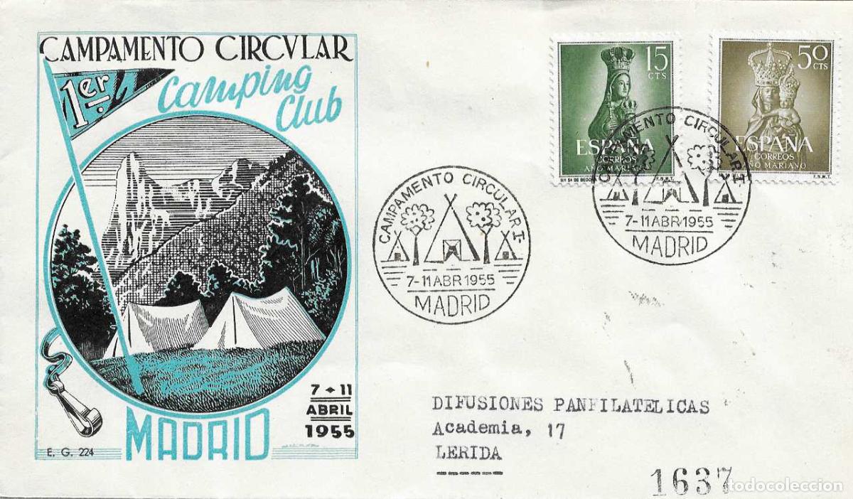 Sellos: MUY RARO CAMPING I CAMPAMENTO CIRCULAR, MADRID 1955. MATASELLOS SOBRE CIRCULADO EG A DP VER REVERSO