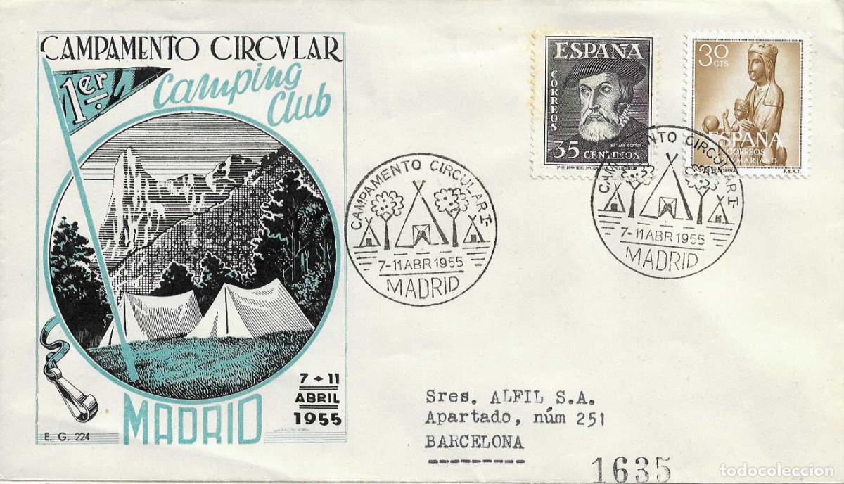 Sellos: MUY RARO CAMPING I CAMPAMENTO CIRCULAR MADRID 1955 MATASELLOS SOBRE CIRCULADO EG A ALFIL VER REVERSO