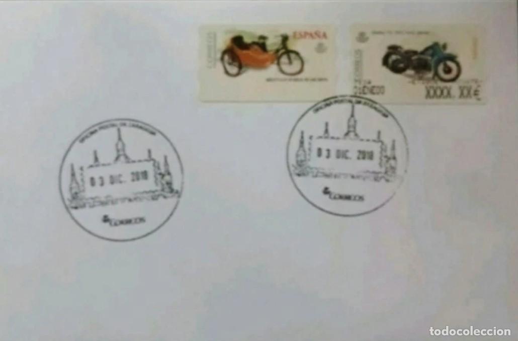 Sellos: SOBRE CON DOBLE MATASELLOS TUR&Iacute;STICO DE ZARAGOZA - BAS&Iacute;LICA DEL PILAR. ATMs MOTOS. BLANCA- AJUSTE