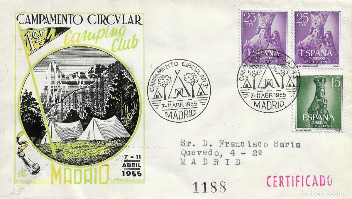 Sellos: CAMPING I CAMPAMENTO CIRCULAR, MADRID 1955. MATASELLOS EN SOBRE CIRCULADO DE DP RARO ASI RWR