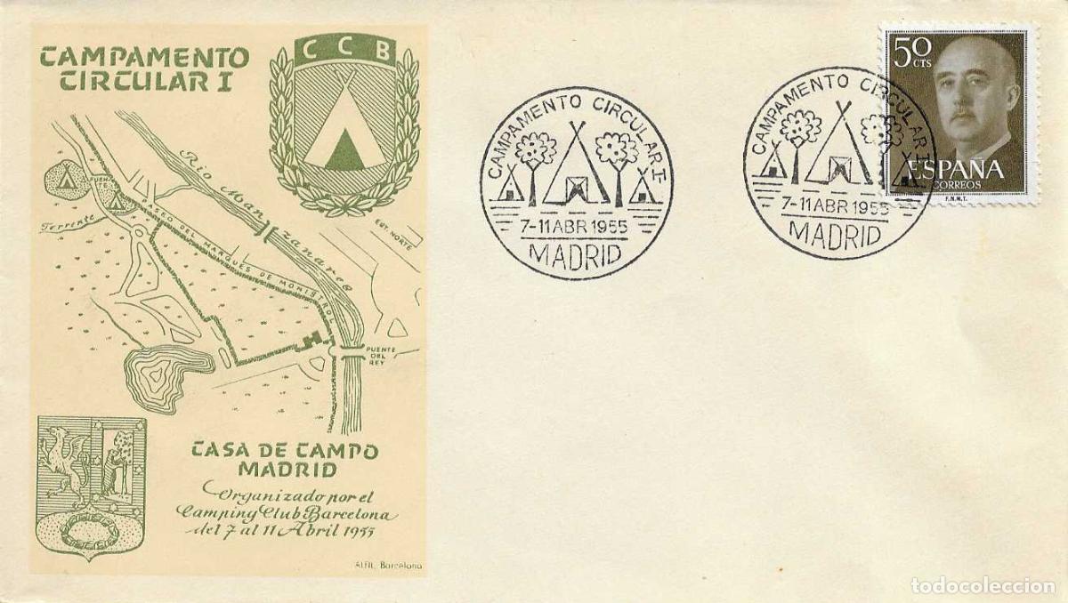 Sellos: CAMPING I CAMPAMENTO CIRCULAR, MADRID 1955. MATASELLOS EN SOBRE SIN CIRCULAR ALFIL BONITO Y RARO ASI