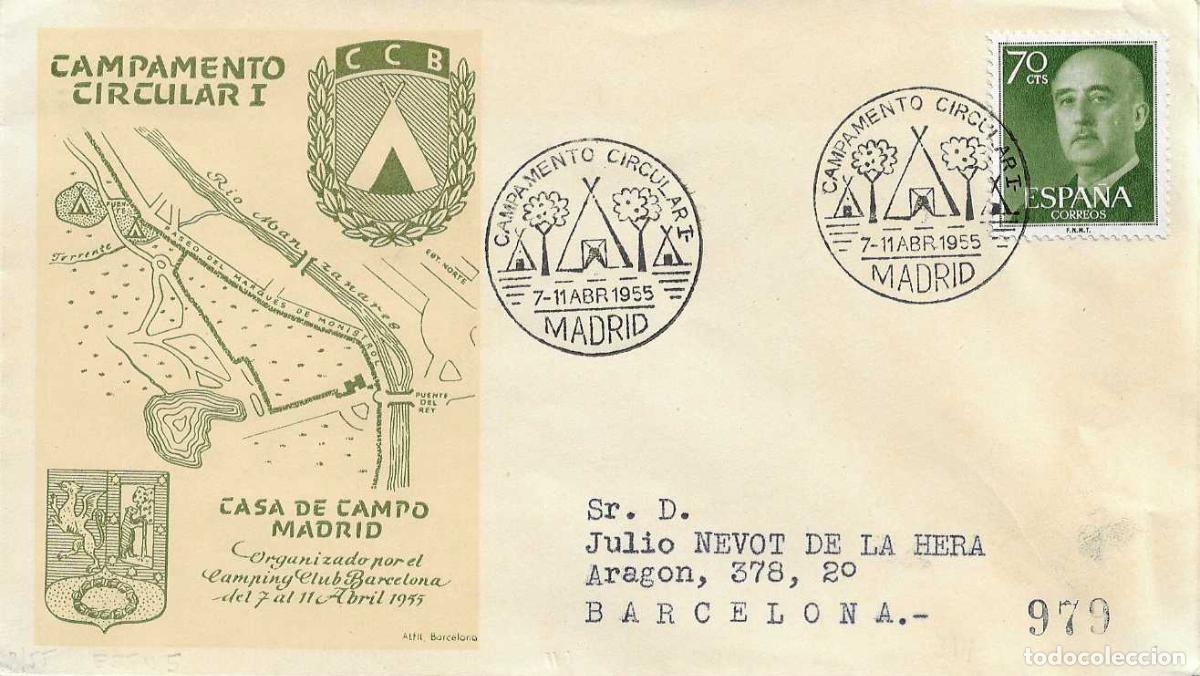 Sellos: CAMPING I CAMPAMENTO CIRCULAR, MADRID 1955. MATASELLOS EN SOBRE CIRCULADO DE ALFIL RARO ASI RWR