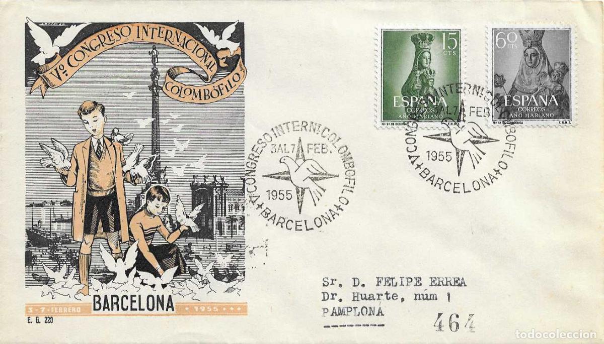 Sellos: PALOMA MENSAJERA V CONGRESO COLOMBOFILO, BARCELONA 1955 MATASELLOS EN SOBRE CIRCULADO DE EG RARO ASI