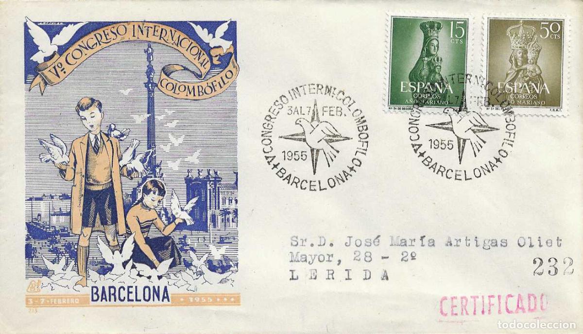 Sellos: PALOMA MENSAJERA V CONGRESO COLOMBOFILO, BARCELONA 1955 MATASELLOS EN SOBRE CIRCULADO DE DP RARO RWR