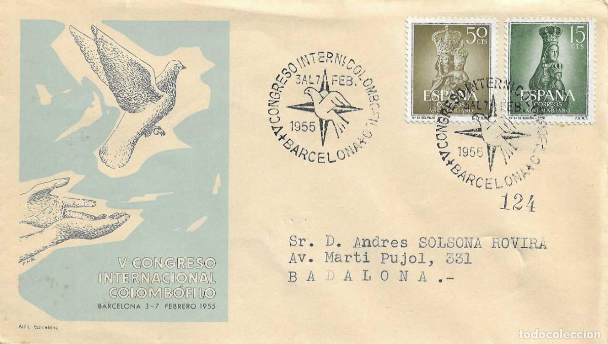 Sellos: PALOMA MENSAJERA V CONGRESO COLOMBOFILO, BARCELONA 1955. MATASELLOS EN SOBRE CIRCULADO DE ALFIL RWR