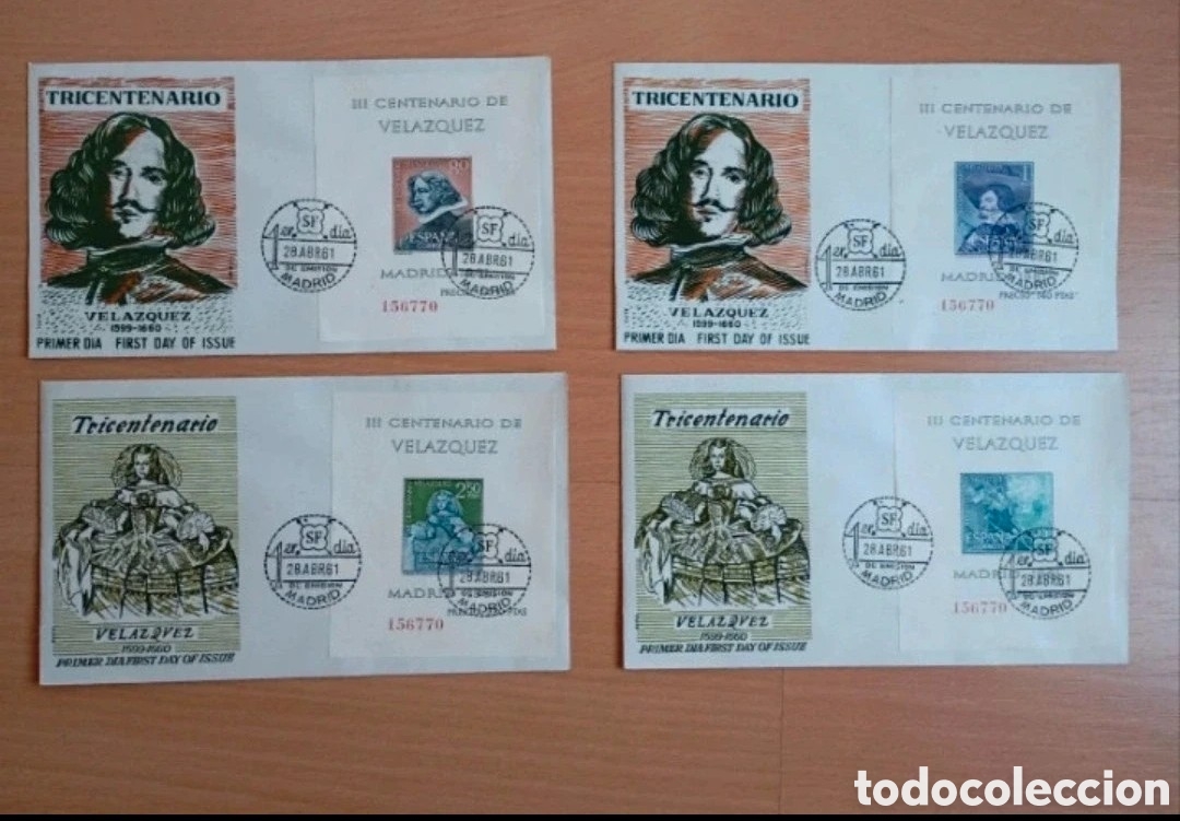 Sellos: ESPA&Ntilde;A 1961 - III CENTENARIO DE VEL&Aacute;ZQUEZ - SOBRES DE PRIMER D&Iacute;A