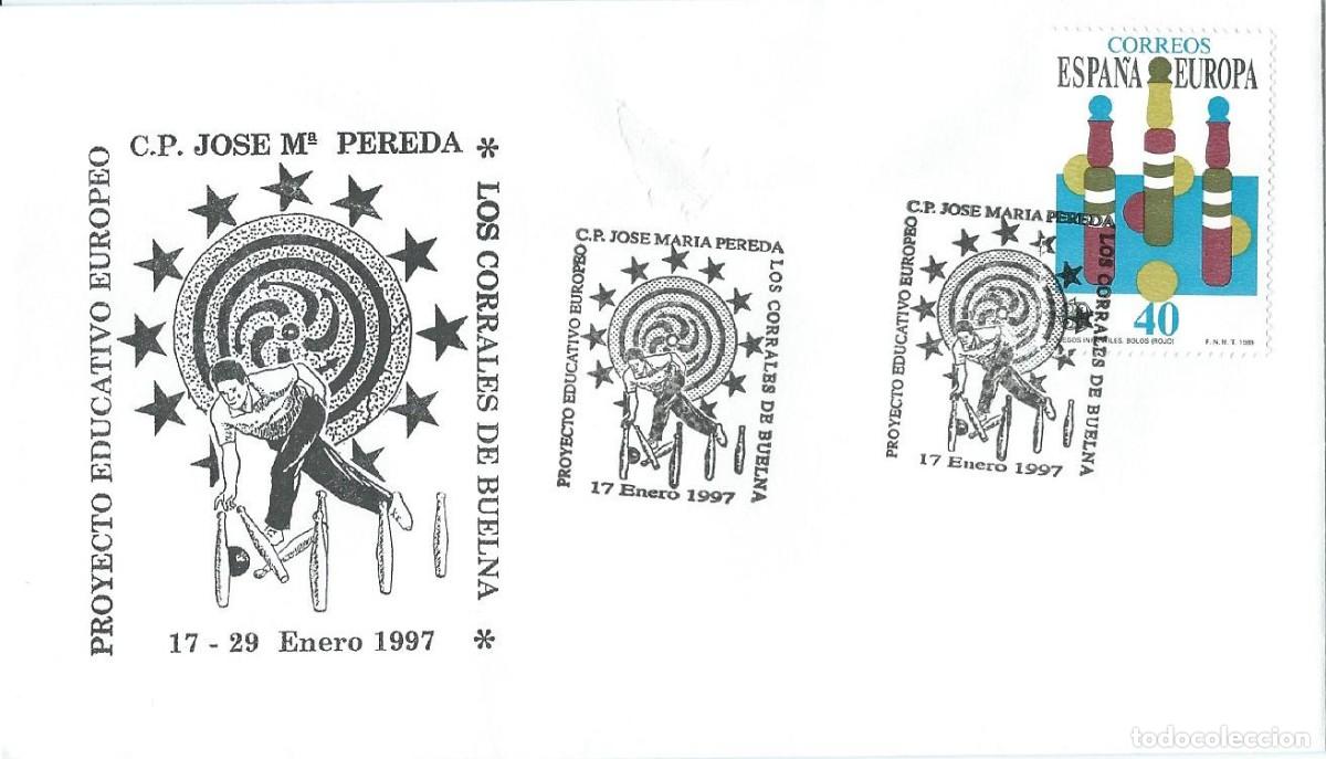 Sellos: 1997. LOS CORRALES DE BUELNA. CANTABRIA. MATASELLOS. PROYECTO EDUCATIVO. BOLOS. DEPORTES/SPORTS.