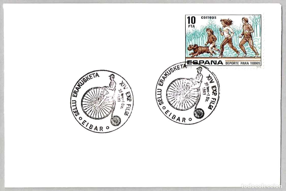 Sellos: Matasellos EXP.FIL. BICICLETA ANTIGUA. Eibar, Guipuzcoa, 1983