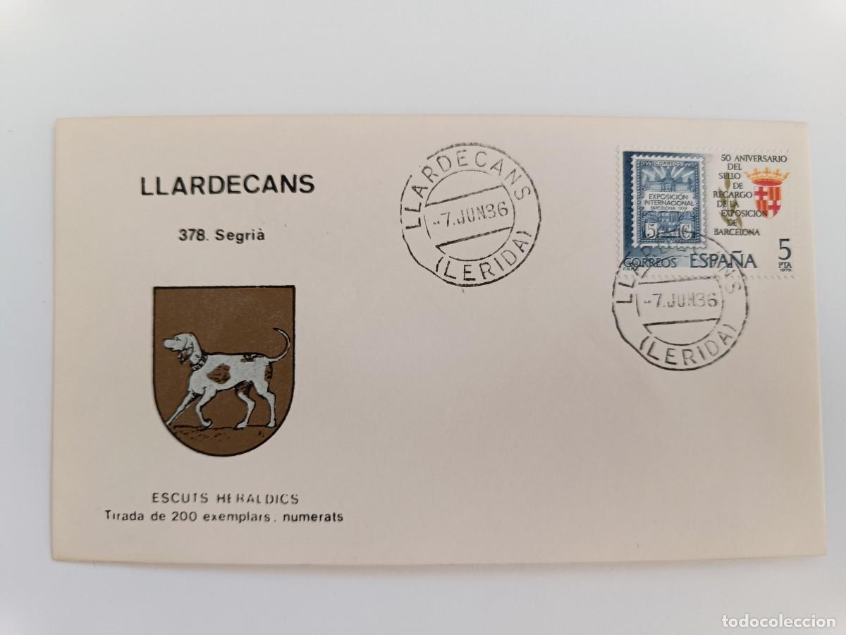 Sellos: MATASELLOS EN SOBRE ILUSTRADO CON ESCUDO DE LA POBLACI&Oacute;N DE LLARDECANS - SEGRI&Agrave; - LERIDA