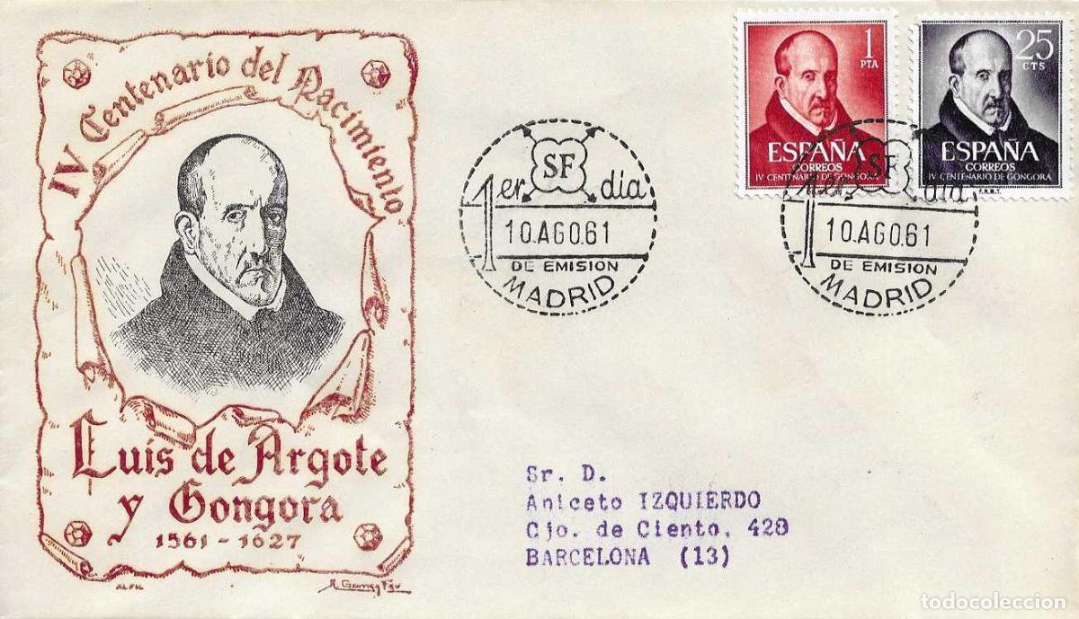 Sellos: LUIS DE GONGORA Y ARGOTE IV CENTENARIO 1961 (EDIFIL 1369/70) EN SOBRE PRIMER DIA CIRCULADO DE ALFIL